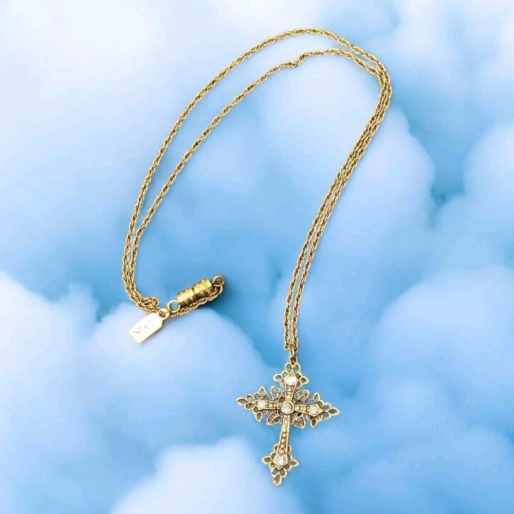 1928 Vintage Cross Pendant Necklace Gold Tone 17" Chain Jesus Christ, Religious